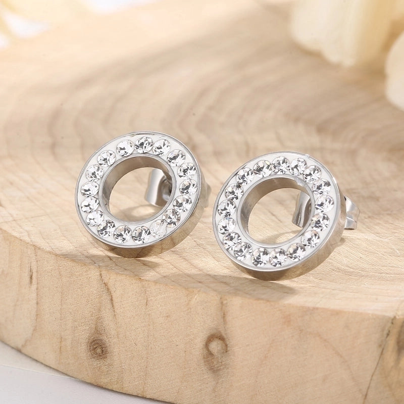 1 Pair Minimalist Round Solid Color Inlay Stainless Steel Crystal Rhinestones 18K Gold Plated Ear Studs