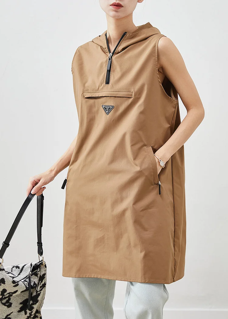 Unique Khaki Hooded Cotton Mini Dresses Sleeveless