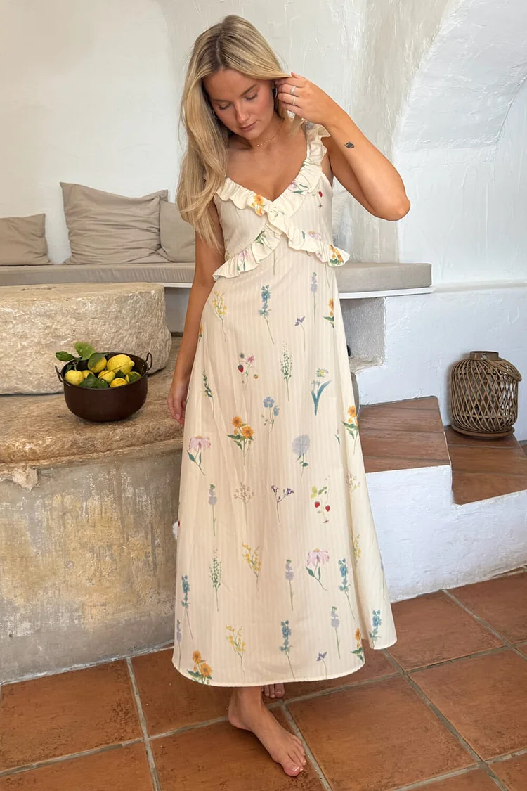 V Neck Ruffled Floral Print Tie Up Backless Maxi Dresses-OffWhite [Pre Order]