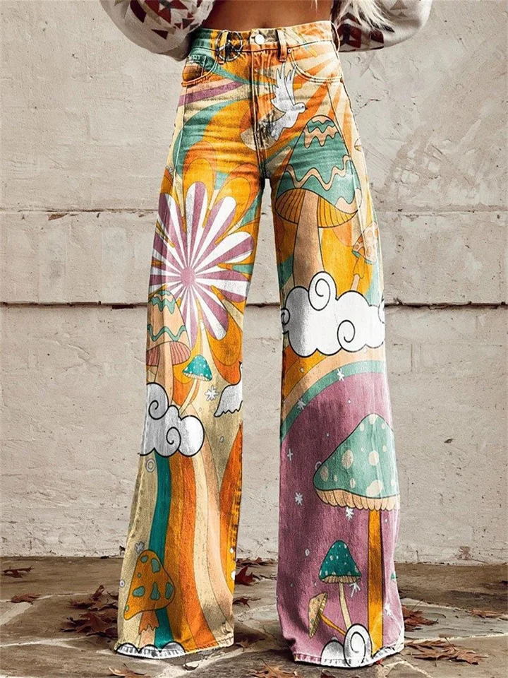 Women's New 3D Printed Flare Pants Imitation Denim Pants Jeans