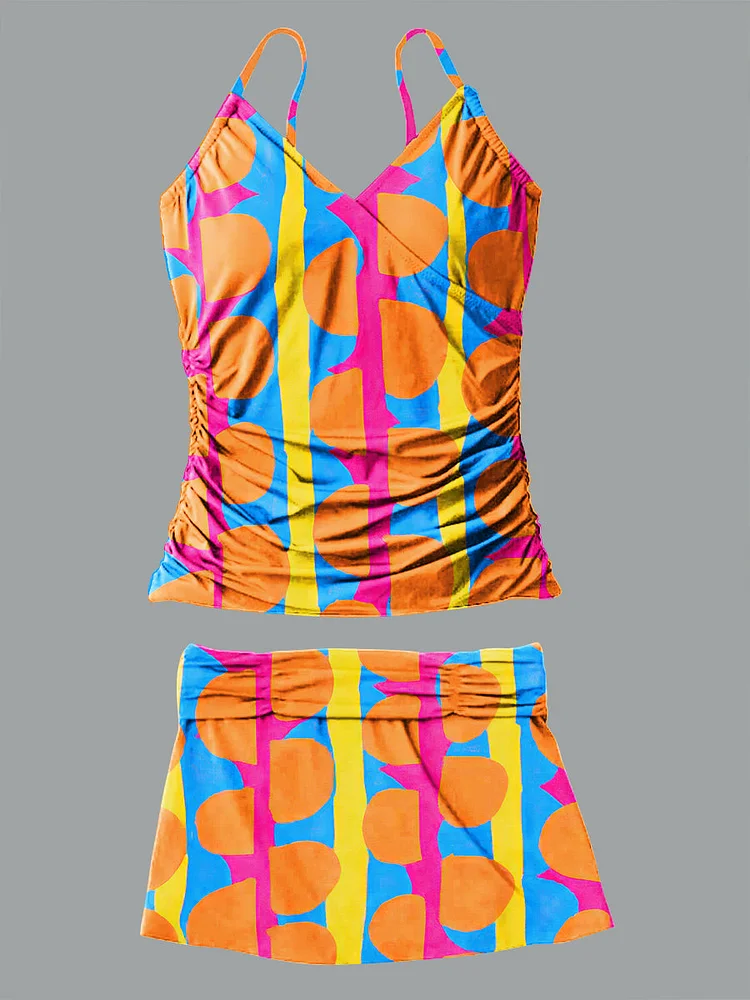 V Neck Vintage Art Stripe Irregular Pattern Halter Pants Skirt Set Swimsuit