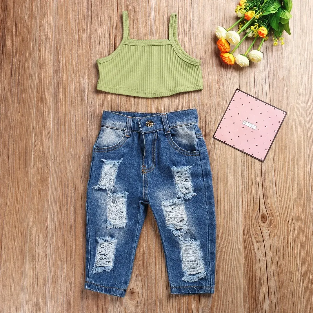 2020 Baby Summer Clothing Kids Baby Girls Fashion 2Pcs Outfit Set Sleeveless Solid Ribbed Crops Top and Ripped Jeans Pants Set