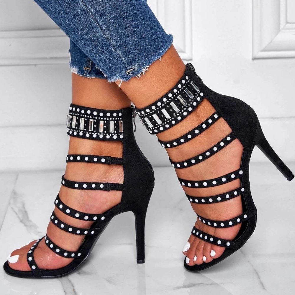 Black Open Toe Pumps Pearl Suede Pumps Stiletto Zip Back Pumps Nicepairs