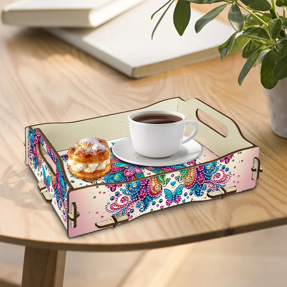 5D DIY Butterfly Diamond Painting Serving Tray with Handle for Coffee Table