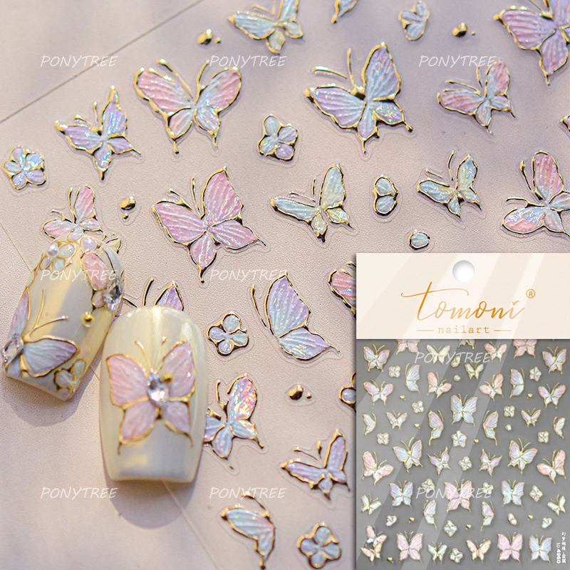 Bayuyun Dreamy Summer Nails – Blue Pink Purple Gradual Flower Petal Butterfly 5D Nail Art Stickers  