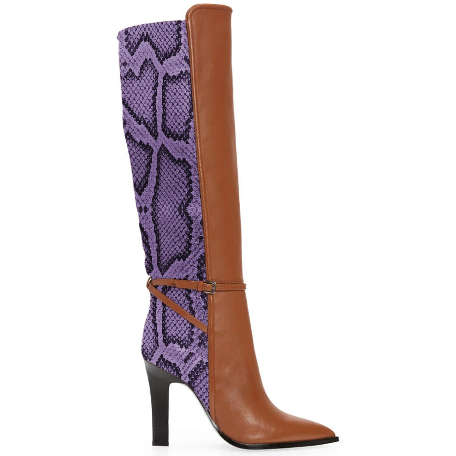 TAAFO Purple Snackskin Patchwork High Chunky Heels Knee-High Boots Women Pointed Toe Long Booties Ladies Party Shoes 44 45
