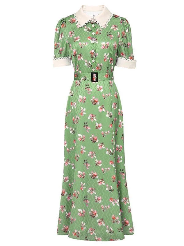 Green Floral Dress Turn Down Collar Short Sleeve Vintage Chiffon Dress
