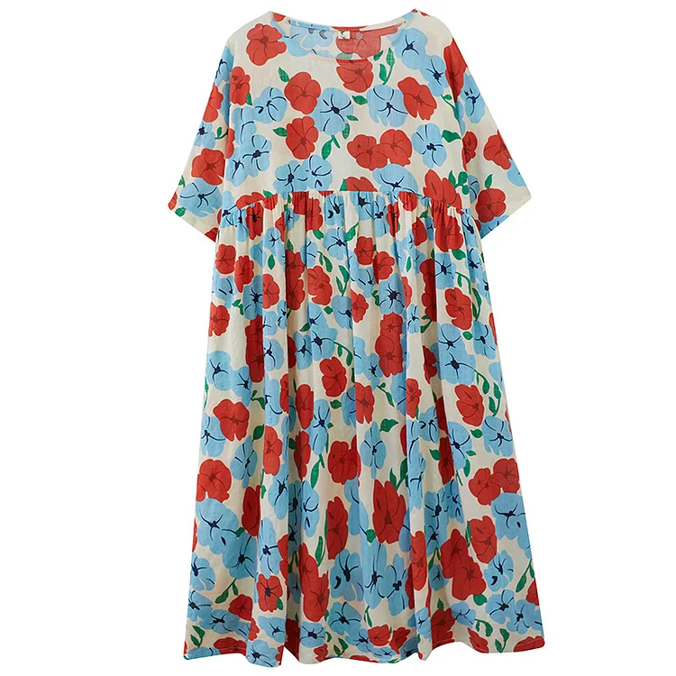 Loose Floral Print Short Sleeve Round Neck Midi Dress