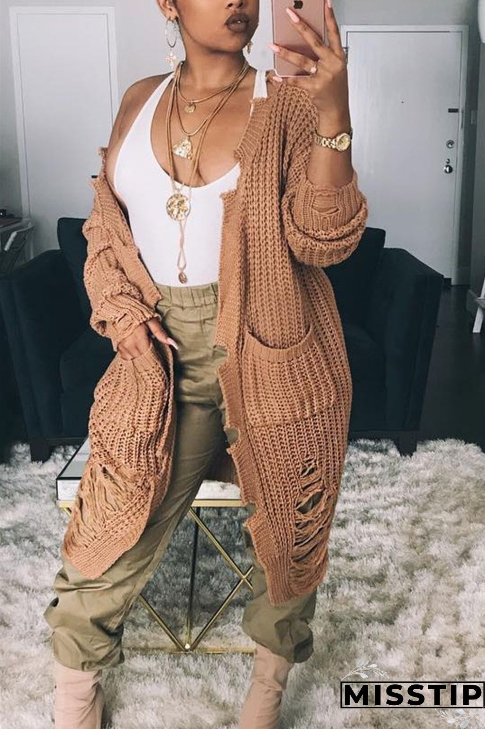 khaki Fashion long sleeve sweater cardigan