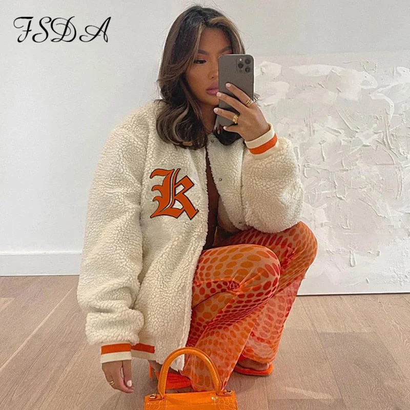 FSDA 2021 Autumn Winter Women Baseball Jacket Varsity Oversized Bomber Y2k Loose Long Sleeve Fur Faux Vintage Coat Fashion