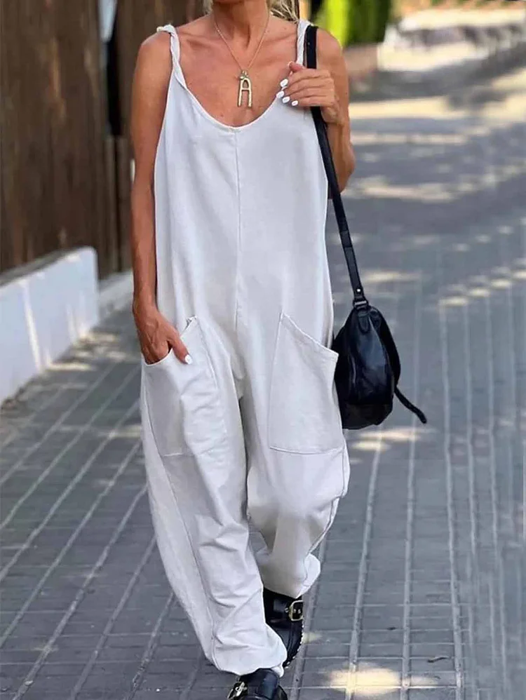 Casual Plain Scoop Neck Loose Pocket Overall Jumpsuit