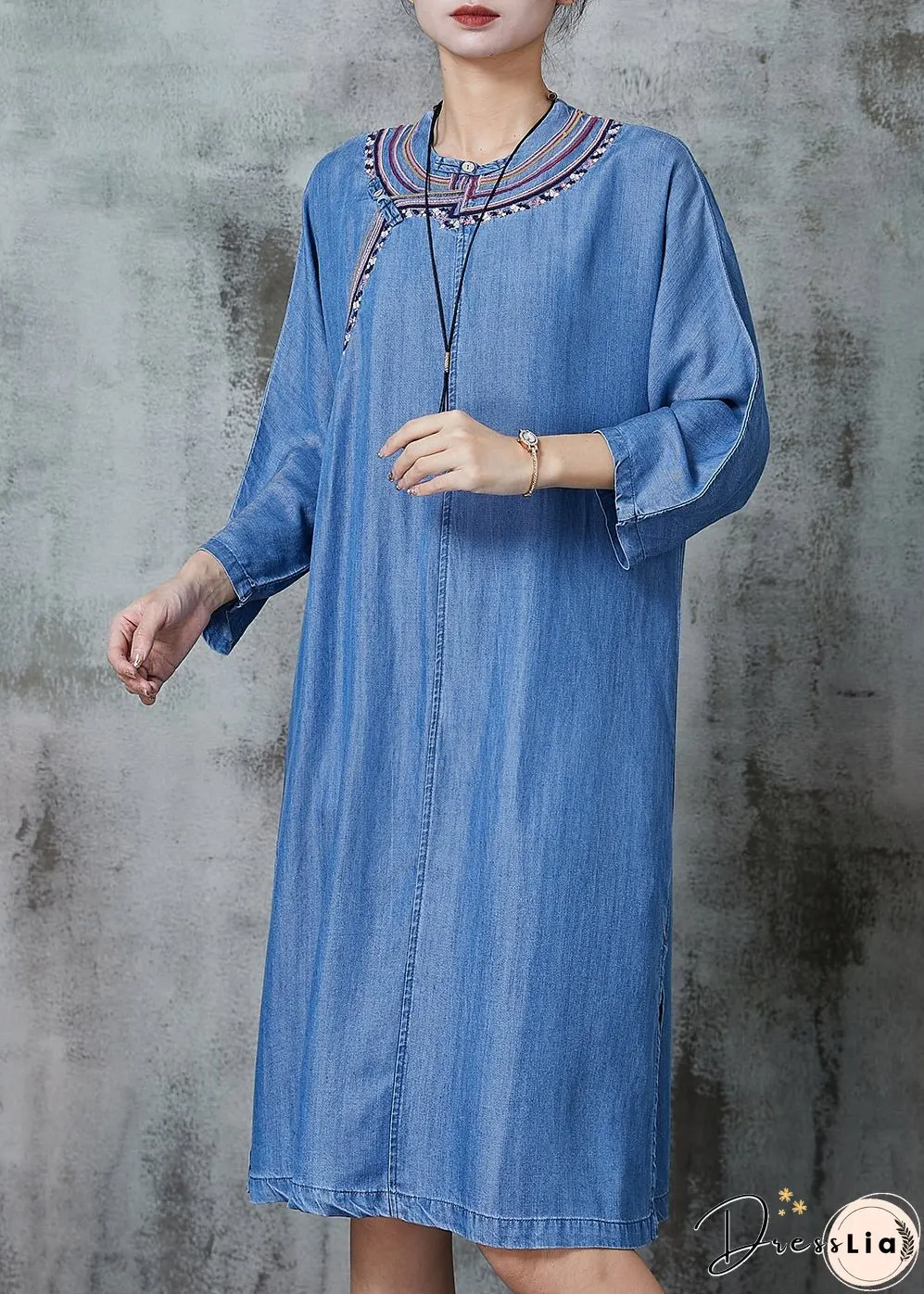 Vintage Denim Blue Embroidered Side Open Dresses Summer