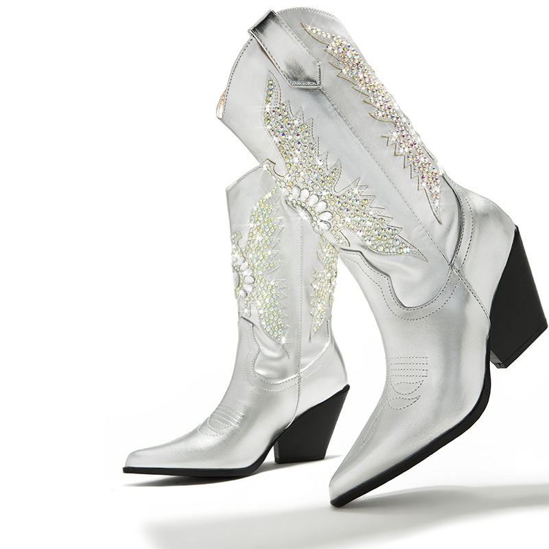 Silver Pointy Toe Rhinestone Eagle Chunky Heel Mid-Calf Cowgirl Boots