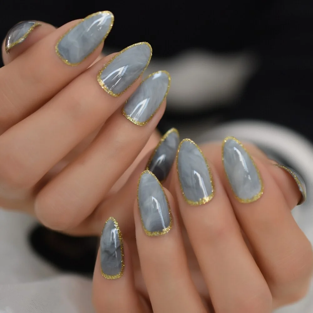 Golden Glitter Edge Jade Texture Full Cover Nails Medium Almond Press On Nail Charms Lovely Dingernail Wholesale Gel X Nail Tips-Nail Inspo