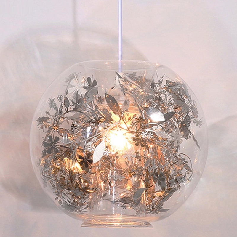 Contemporary Nordic Orb Snowflake Leaf Glass Shade Iron 1-Light Pendant Light For Living Room