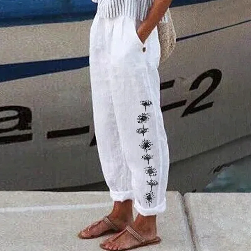 Cotton Linen Pocket Loose Printed Casual Pants