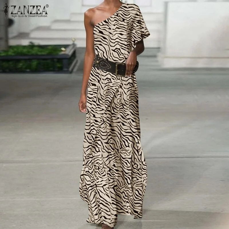 Feminino Fashion Sexy One Shoulder Sleeve Playsuits Asymmetrical Ruffles Solid Women Jumpsuits ZANZEA Overalls