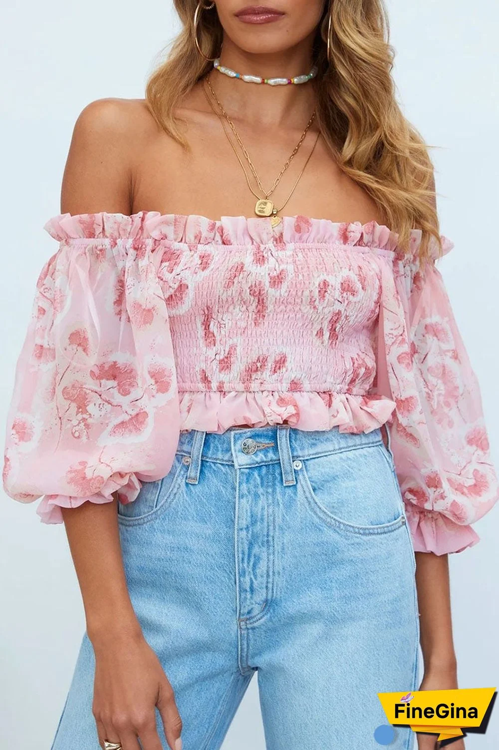 Fashion Street Print Split Joint Off the Shoulder Tops