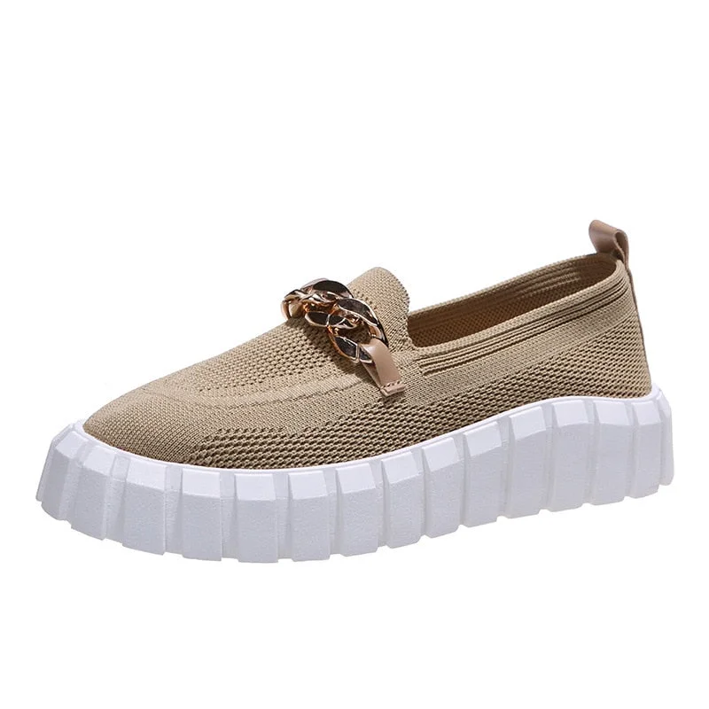 Women's Chain Loafer Flats For Women Round Toe Slip On Mesh Sneaker Casual Shoes Fabric Flats Breathable Comfy Walking Shoes