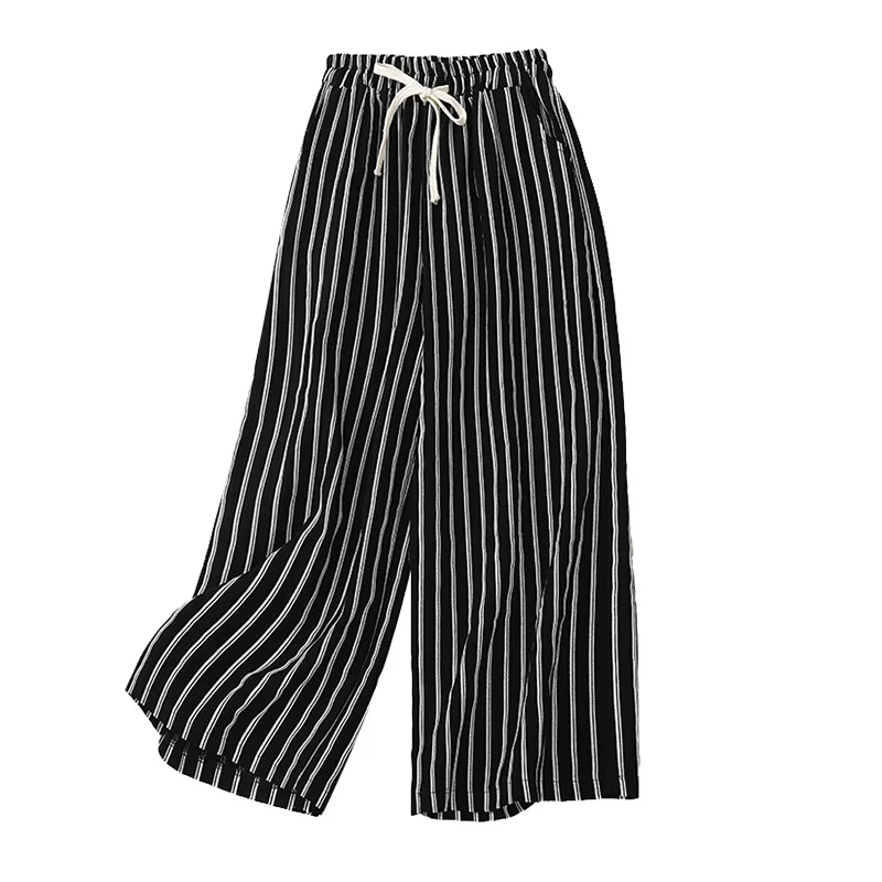 Uveng Uveng Summer New Striped Cotton Broad Legs Tight Waist Cover Meat Thin Harun Pants Women's Loose Leisure Pants