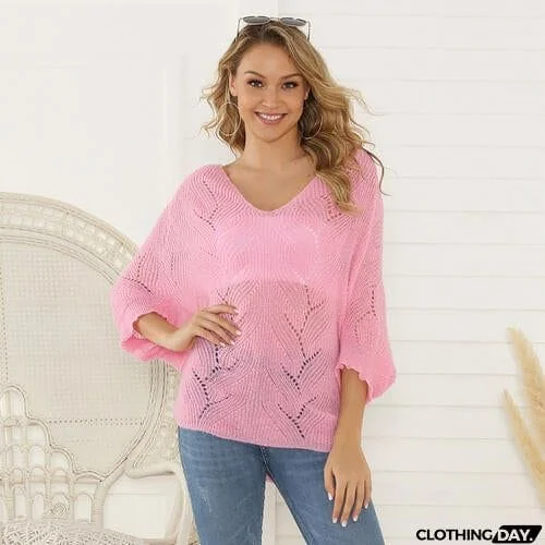 Eyelet V-Neck Batwing Sleeve Knit Top