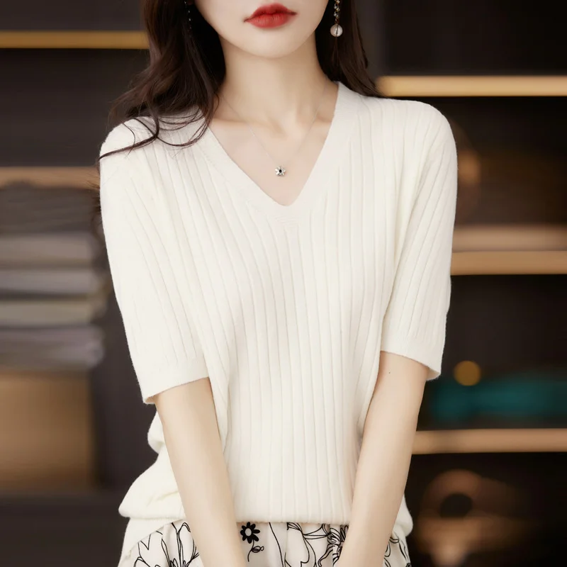Ueong Ueong The Summer Of 2023, Women's Knit Short Sleeve Korean V-Neck Solid Color T-Shirt And A Pit Top