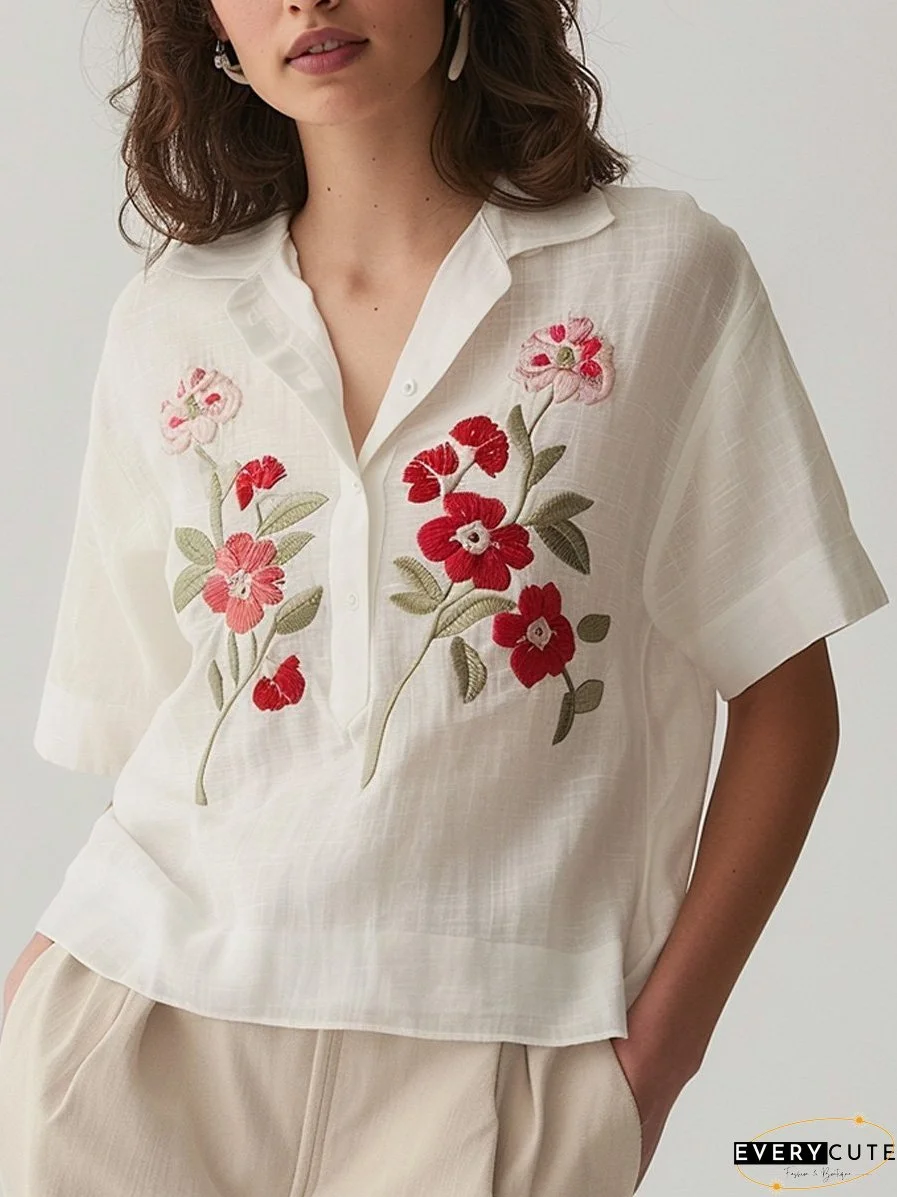 V-neck Embroidered Flower Short-sleeved Shirt
