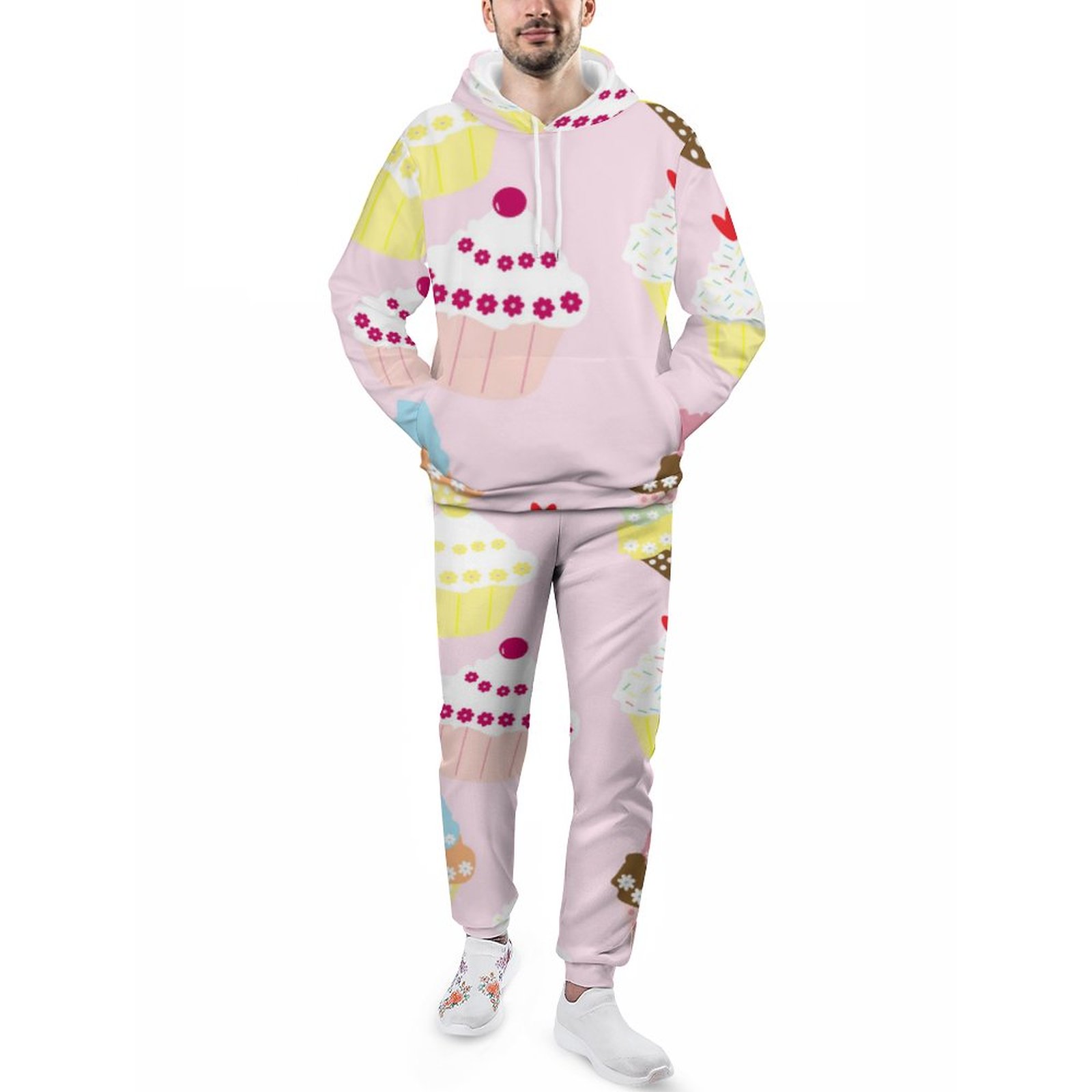 Pink Cupcakes Cherry Donuts Food Men's Tracksuit 2 Piece Hoodie Sweatsuit Sets Guys Loose Fall And Winter Jogging Athletic Suits