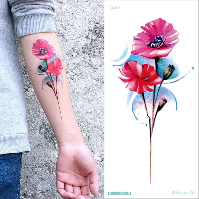 Waterproof Temporary Tattoo Sticker Rose Flowers Leave Flash Tattoos Body Art Arm Fake Sleeve Tatoo Black Women Girls Wrist