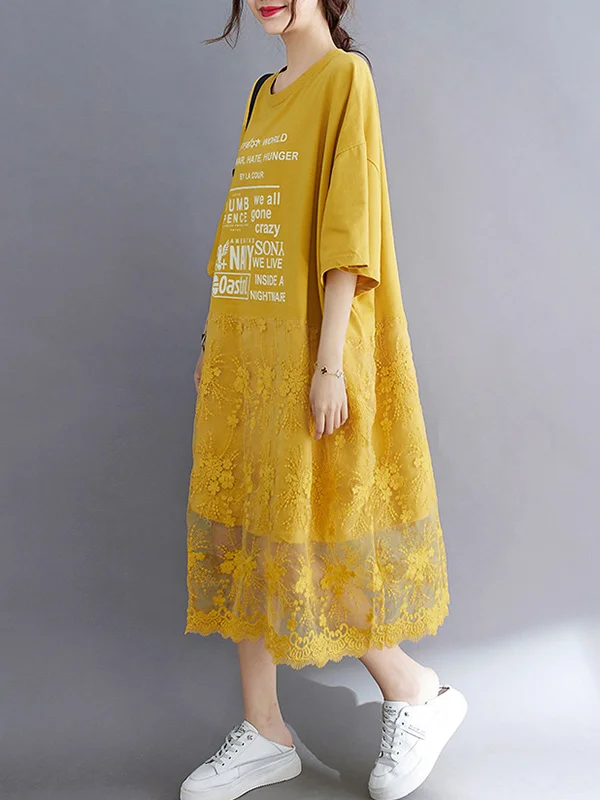 Original Lace Split-Joint Half Sleeve Midi Dress