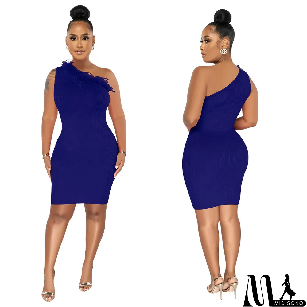 MidiSono - Ladies' Fashion Ribbed Feather Slash Shoulder Sleeveless Bodycon Dress