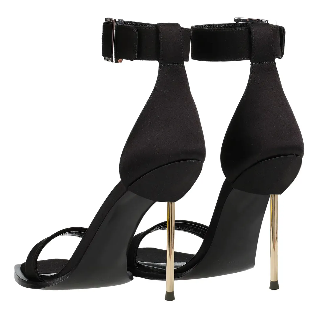 Black Satin Stiletto Heel Ankle Strap Dress Sandals for Women