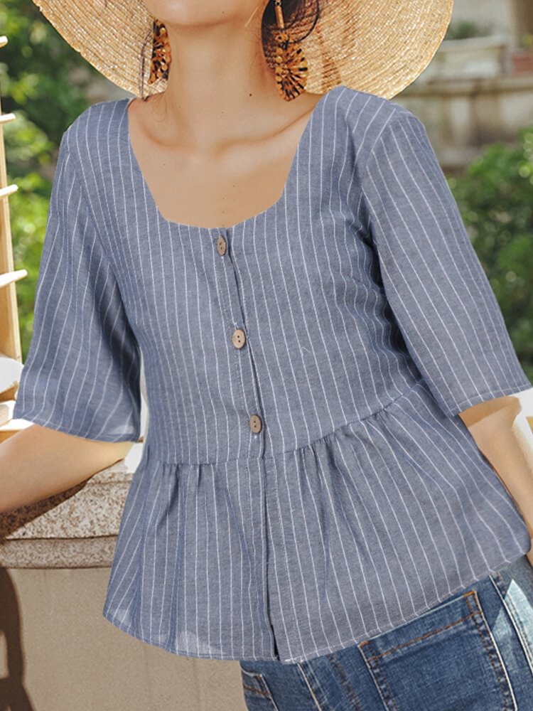 Casual Striped Print Square Collar Short Sleeve Blouse P1738771