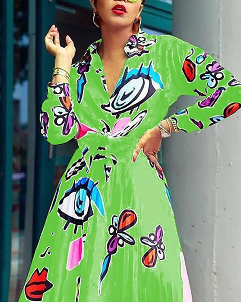 Eye-printed long-sleeved shirt + pleated skirt two-piece suit