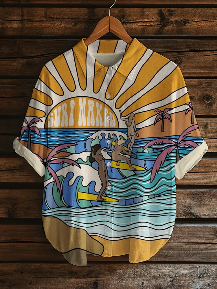 Women's Surk Naked Sea Surfing Illustration Print Short Sleeve Shirt