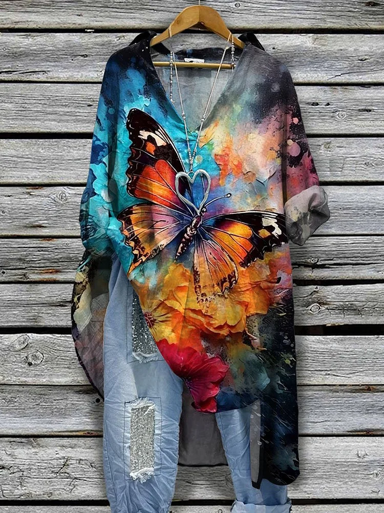 Women's Butterfly Painting Art Print Casual Cotton And Linen Shirtdress
