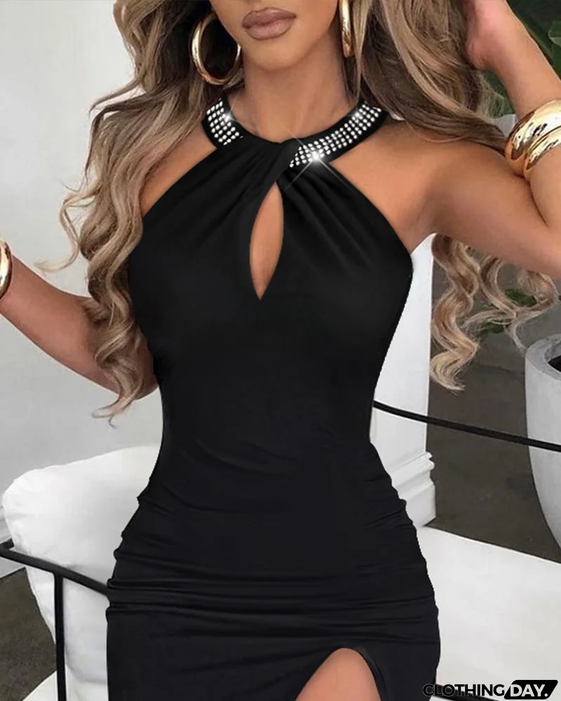 Black Halter Neck Slit Sleeveless Dress