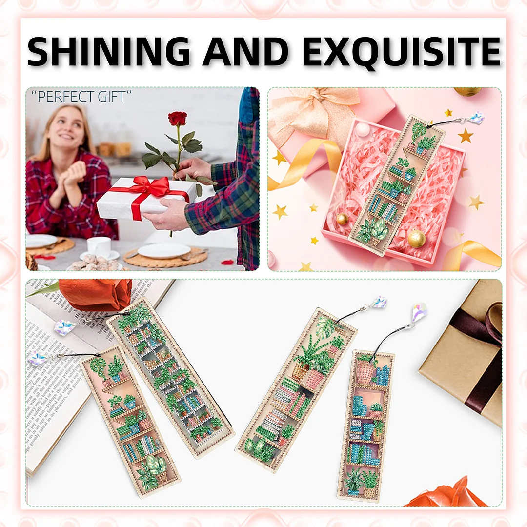 4Pcs Plant DIY Diamond Painting Bookmark Special Shaped Diamond Art Bookmark with Pendant Home Office Supplies Gift for Book Lovers