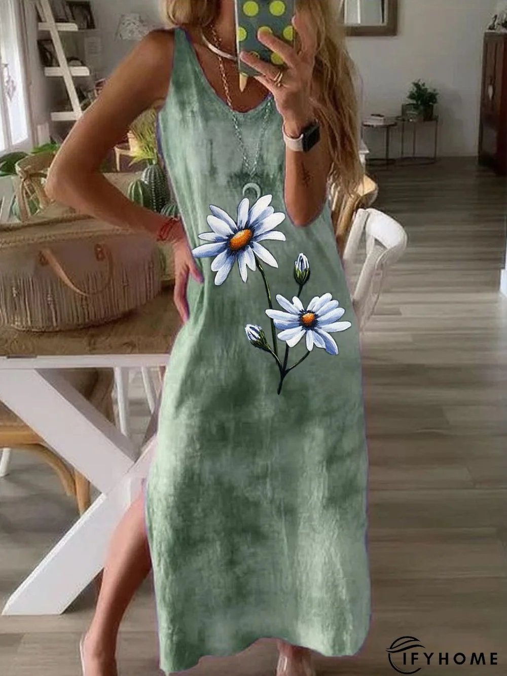 Daisy Ombre/Tie-Dye Short Sleeve V Neck Casual Dresses | IFYHOME