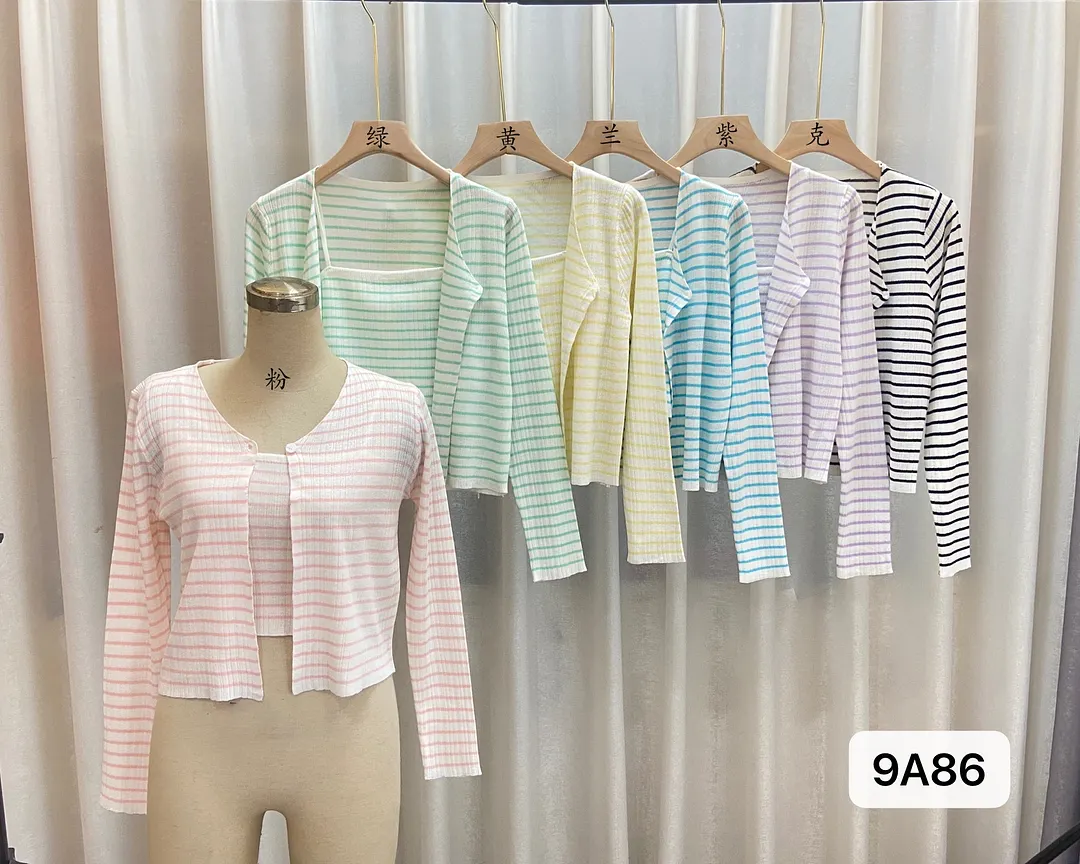 Uveng Uveng Summer New Fashion Temperament Sexy Knitted Striped High-Waisted Sling + Long-Sleeved Open-Shirt Two Sets