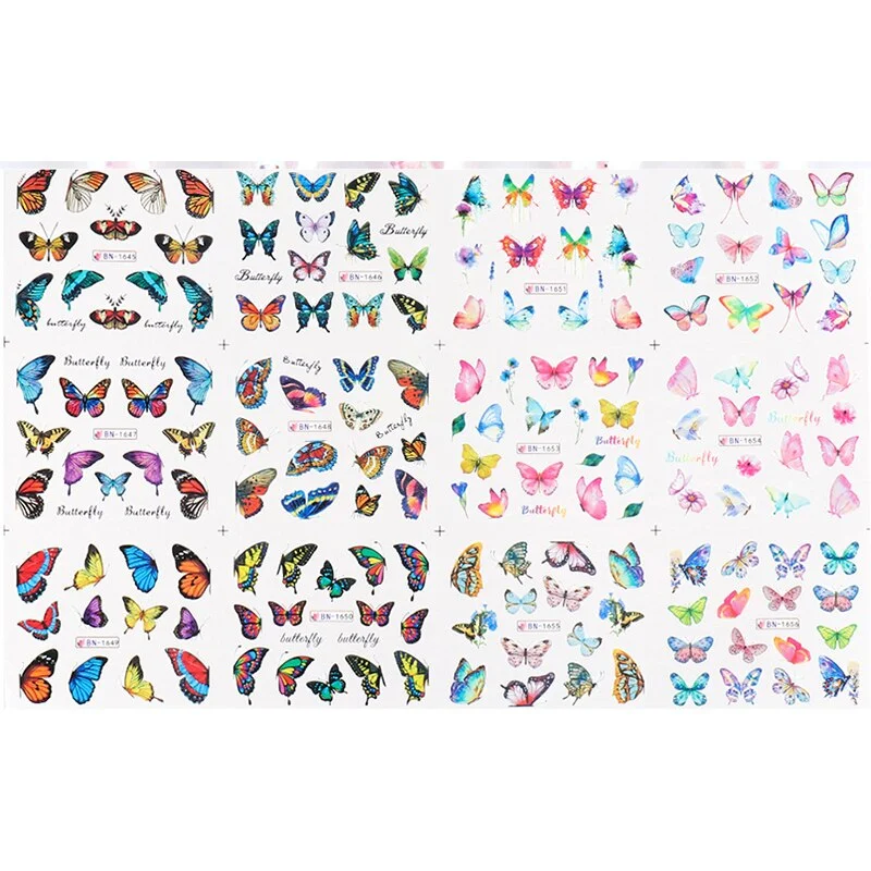 Nail Stickers Water Transfer Multiple Colors Butterfly Designs 12Pcs/Set Nail Decal Decoration Tips For Beauty Salons