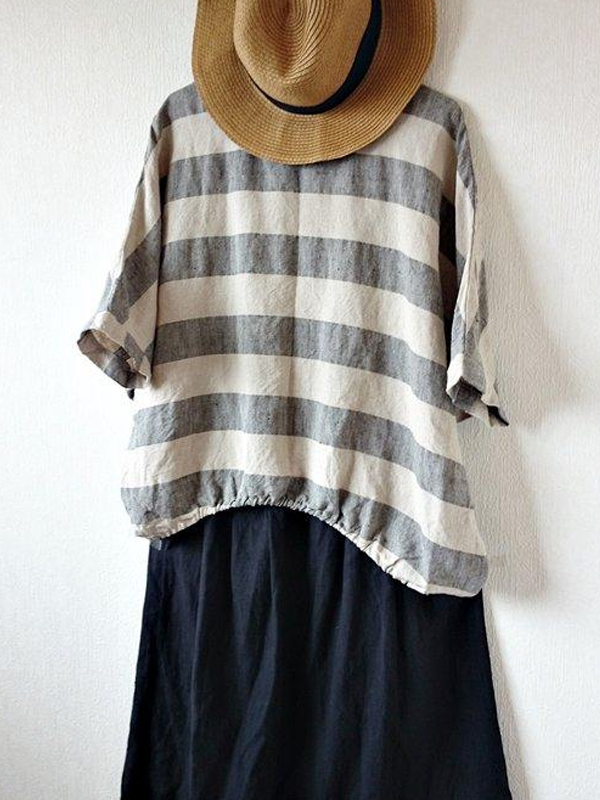 Wide Striped Casual Women's Cotton and Linen Short Sleeves tjj Shicloths