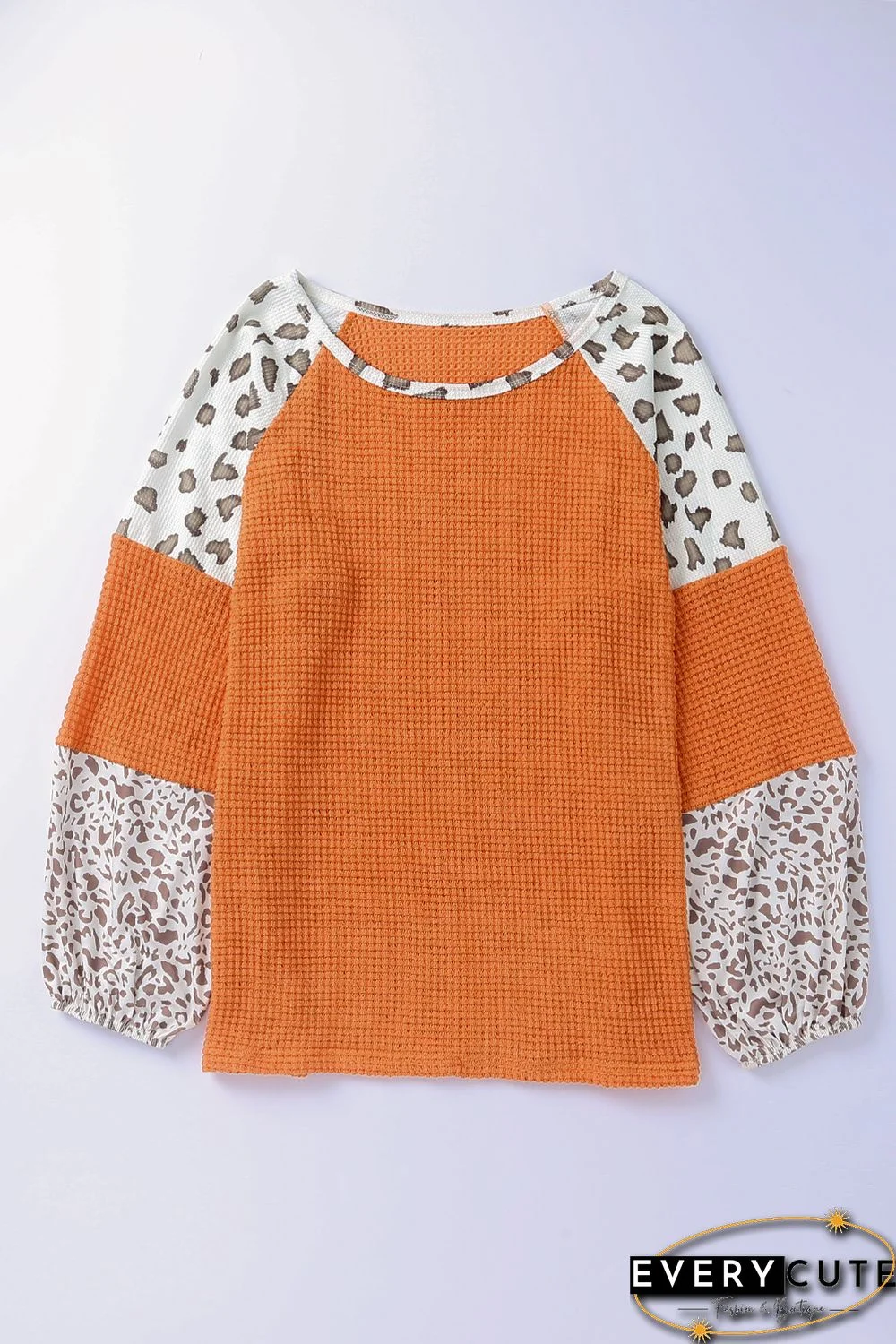 Orange Leopard Colorblock Waffle Knit Top