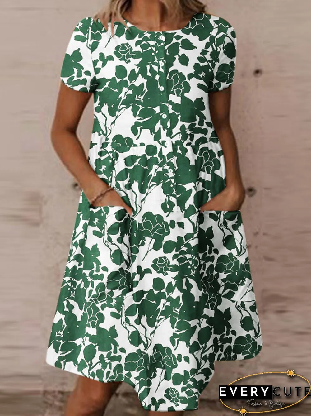 Random Allover Leaves Print Pocket Short Sleeve Button Dress
