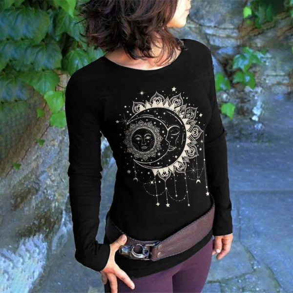Western Moon Sun Print Round Neck Long Sleeve T-Shirt