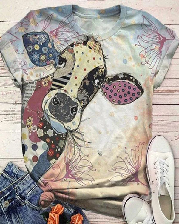 plus size animal printed short sleeve crew neck casual shirts tops p112648