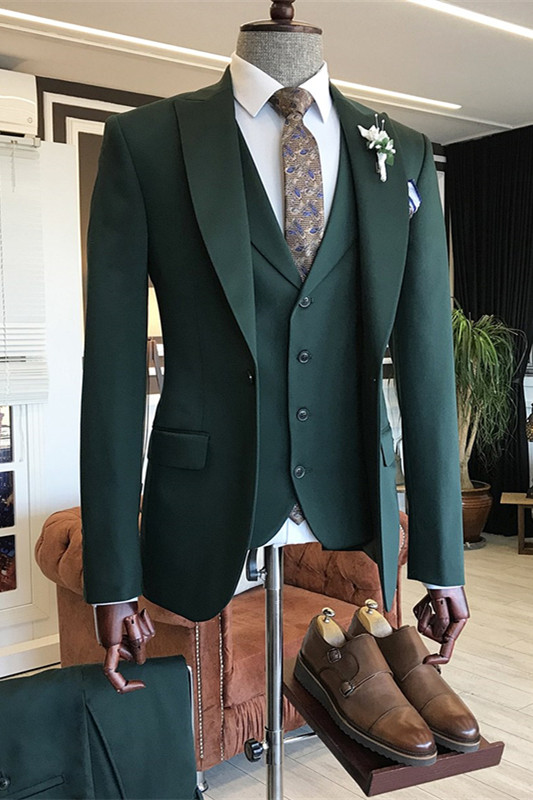 Dresseswow Morden Three Piecess Dark Green Dinner Suit For Man With Peaked Lapel
