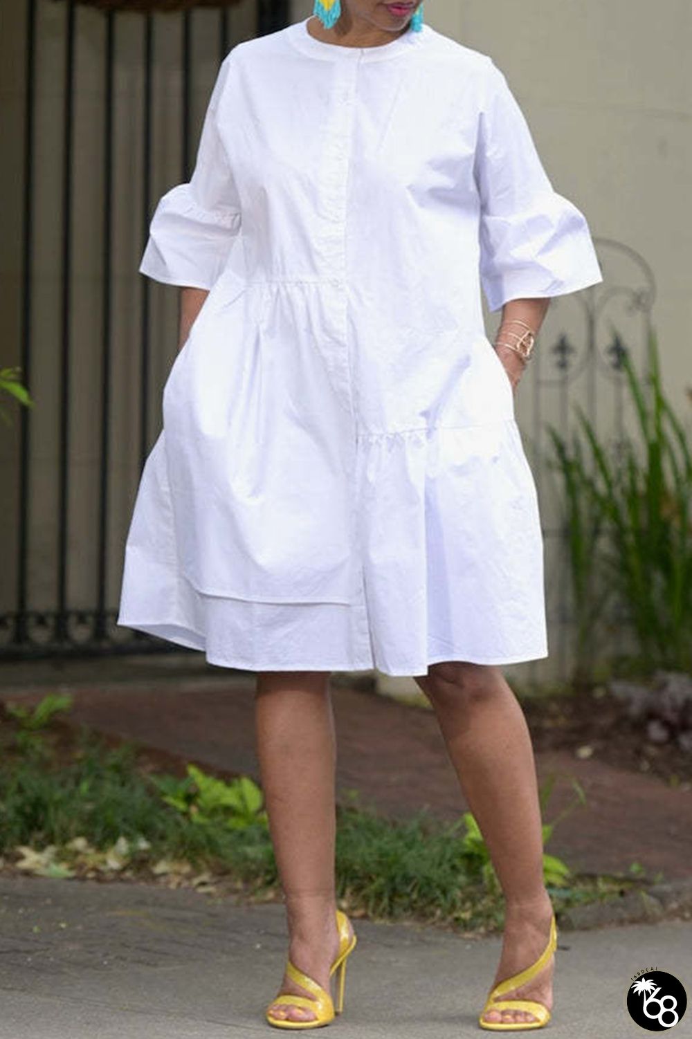 Casual Solid Patchwork Buttons O Neck Shirt Dress Dresses | 168DEAL