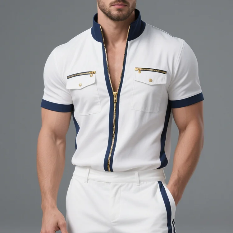 Okaywear Stand Collar Flap Pocket Contrast Binding Zipper Shirt Okaywear