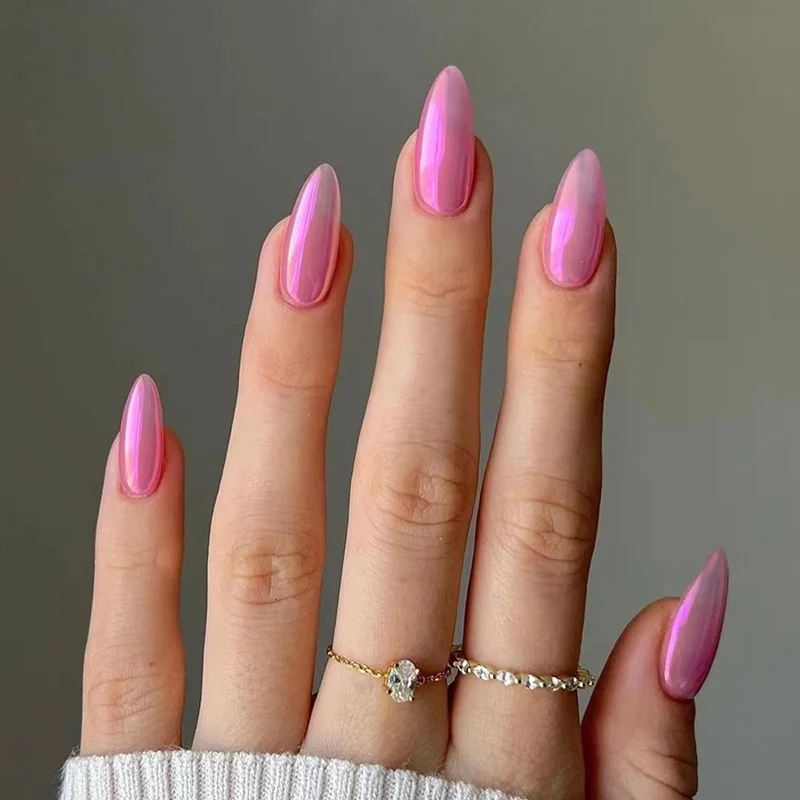 Hbcoland 24Pcs French Fake Nails With Green Leaf Print Design Long Stiletto False Nail Wearabe Almond Press on Nails Full Cover Nail Tips
